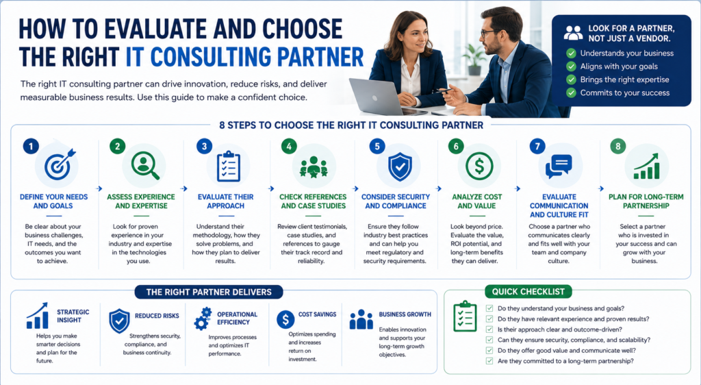 Infographic explaining how to evaluate and choose the right IT consulting partner based on expertise, security, communication, business goals, and long term value