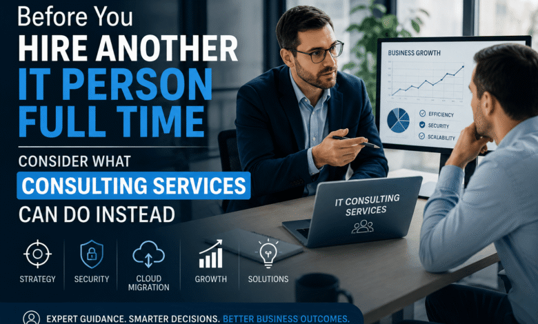 Business professionals discussing IT consulting services and business technology strategy in a modern office environment