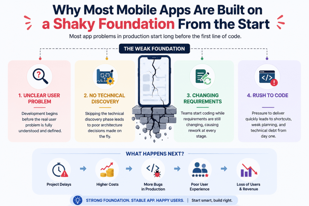 Infographic showing why most mobile apps are built on a shaky foundation, including unclear user problems, lack of technical discovery, changing requirements, rushed coding, and resulting production issues.