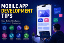 Mobile app development tips feature image showing app developer working on smartphone UI design, performance optimization, security, testing, and faster app deployment strategies.