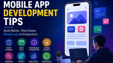 Mobile app development tips feature image showing app developer working on smartphone UI design, performance optimization, security, testing, and faster app deployment strategies.