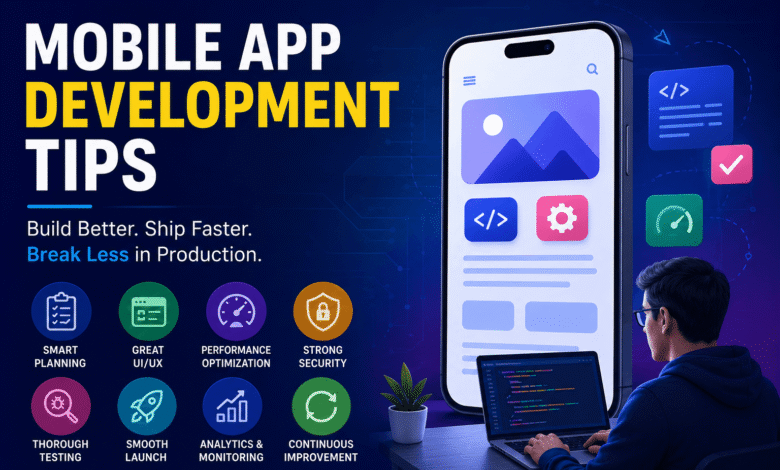 Mobile app development tips feature image showing app developer working on smartphone UI design, performance optimization, security, testing, and faster app deployment strategies.