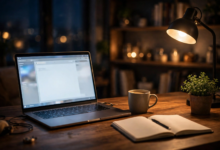 Blogger home office desk at night with laptop, warm lamp light, coffee and notebook