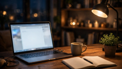 Blogger home office desk at night with laptop, warm lamp light, coffee and notebook