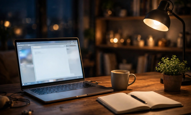 Blogger home office desk at night with laptop, warm lamp light, coffee and notebook