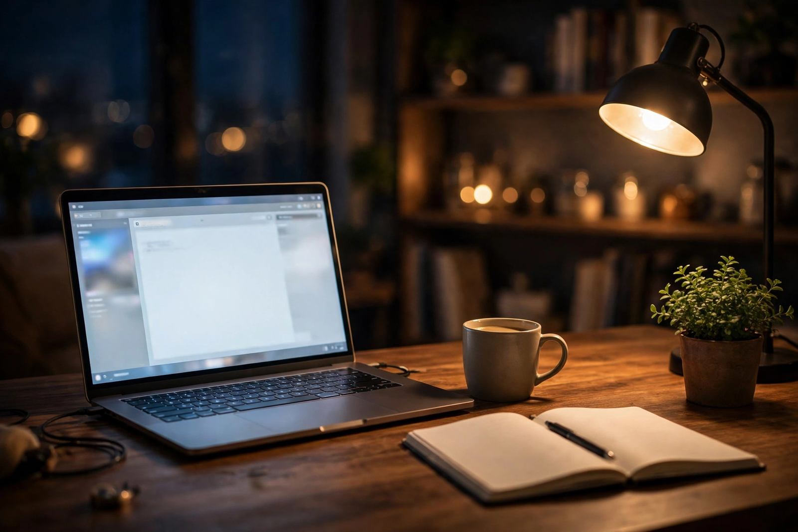 Blogger home office desk at night with laptop, warm lamp light, coffee and notebook