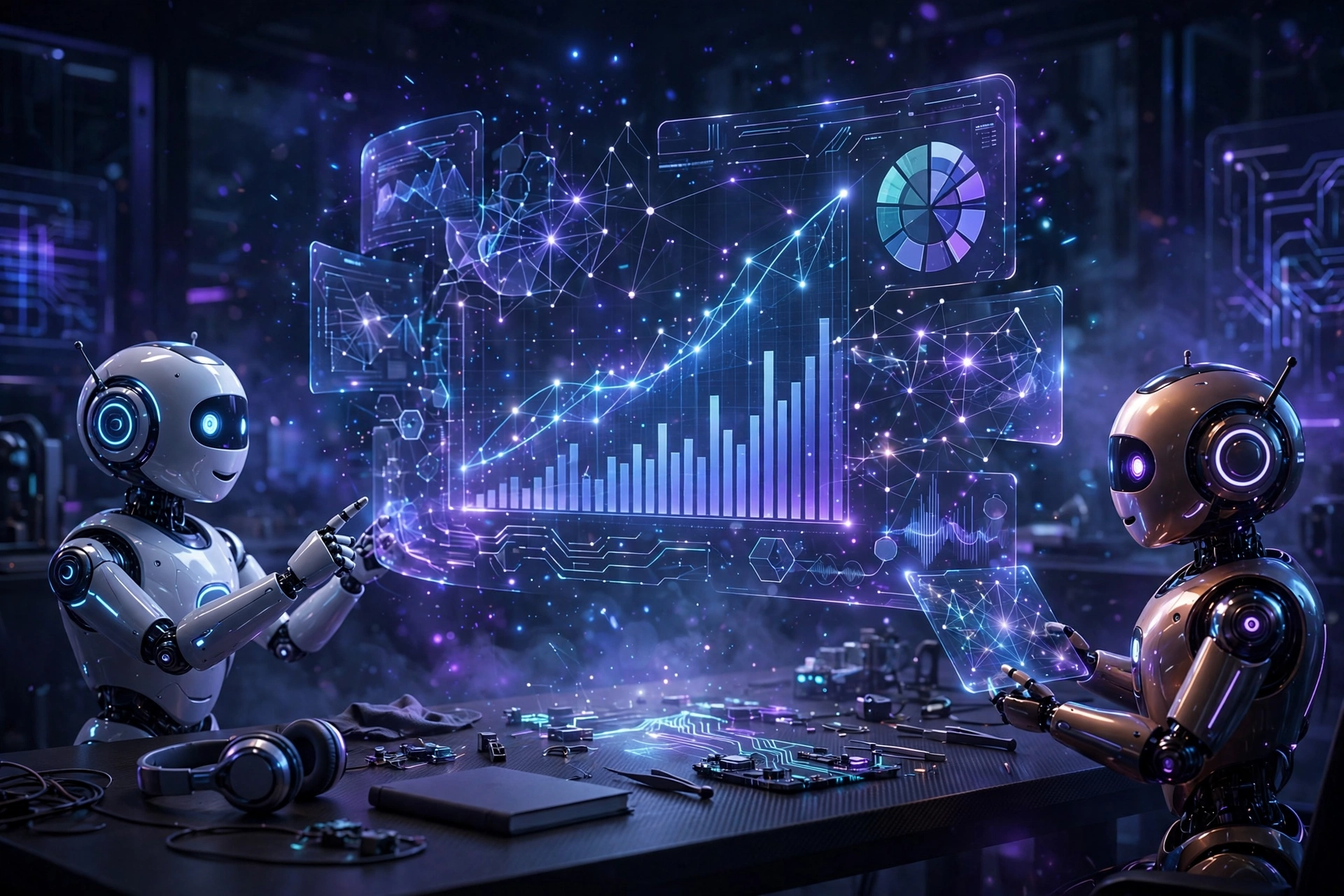 Two robot assistants comparing notes around a glowing holographic analytics dashboard