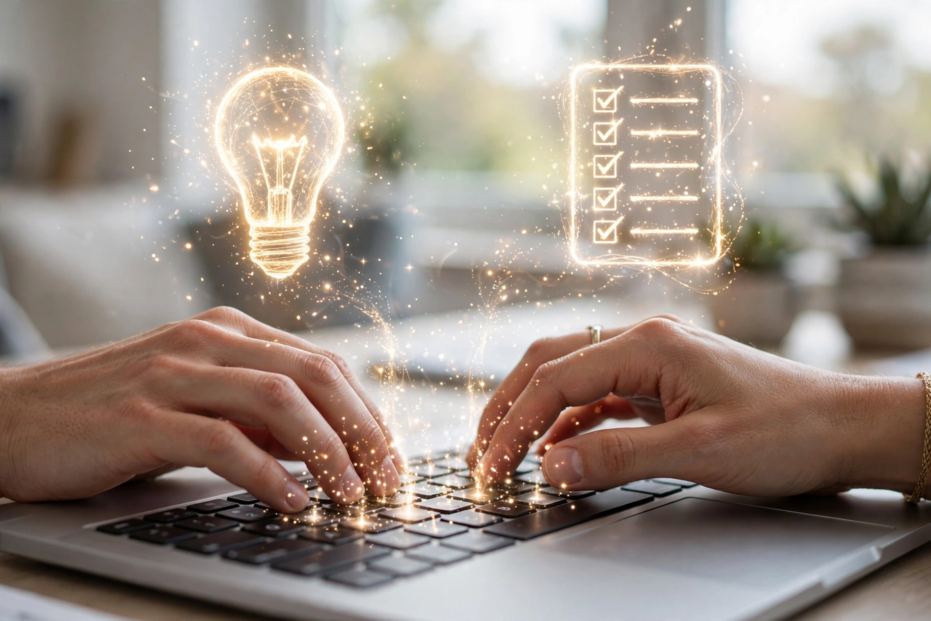 Hands typing on a laptop with glowing lightbulb and checklist icons rising from the keys