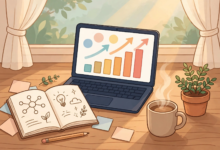 Cozy blogger desk with laptop showing keyword charts, notebook, coffee and plant