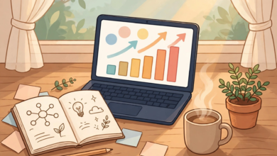 Cozy blogger desk with laptop showing keyword charts, notebook, coffee and plant