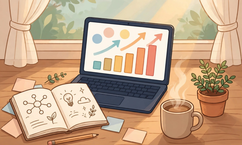 Cozy blogger desk with laptop showing keyword charts, notebook, coffee and plant