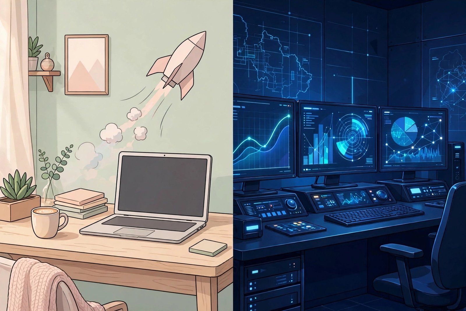 Split scene comparing a simple pastel desk setup with a dark mission control multi monitor workstation
