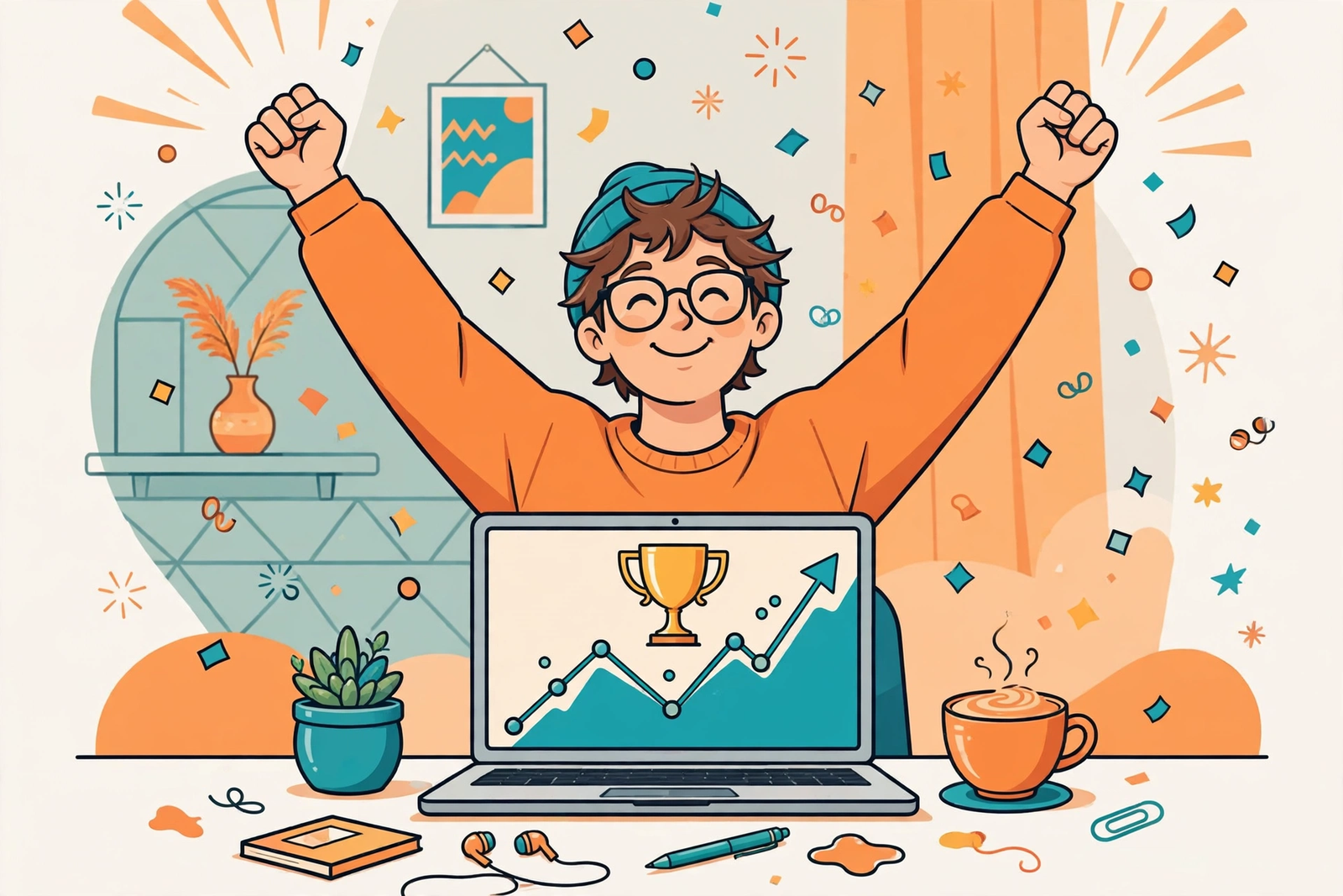 Celebrating blogger with trophy and rising chart on laptop