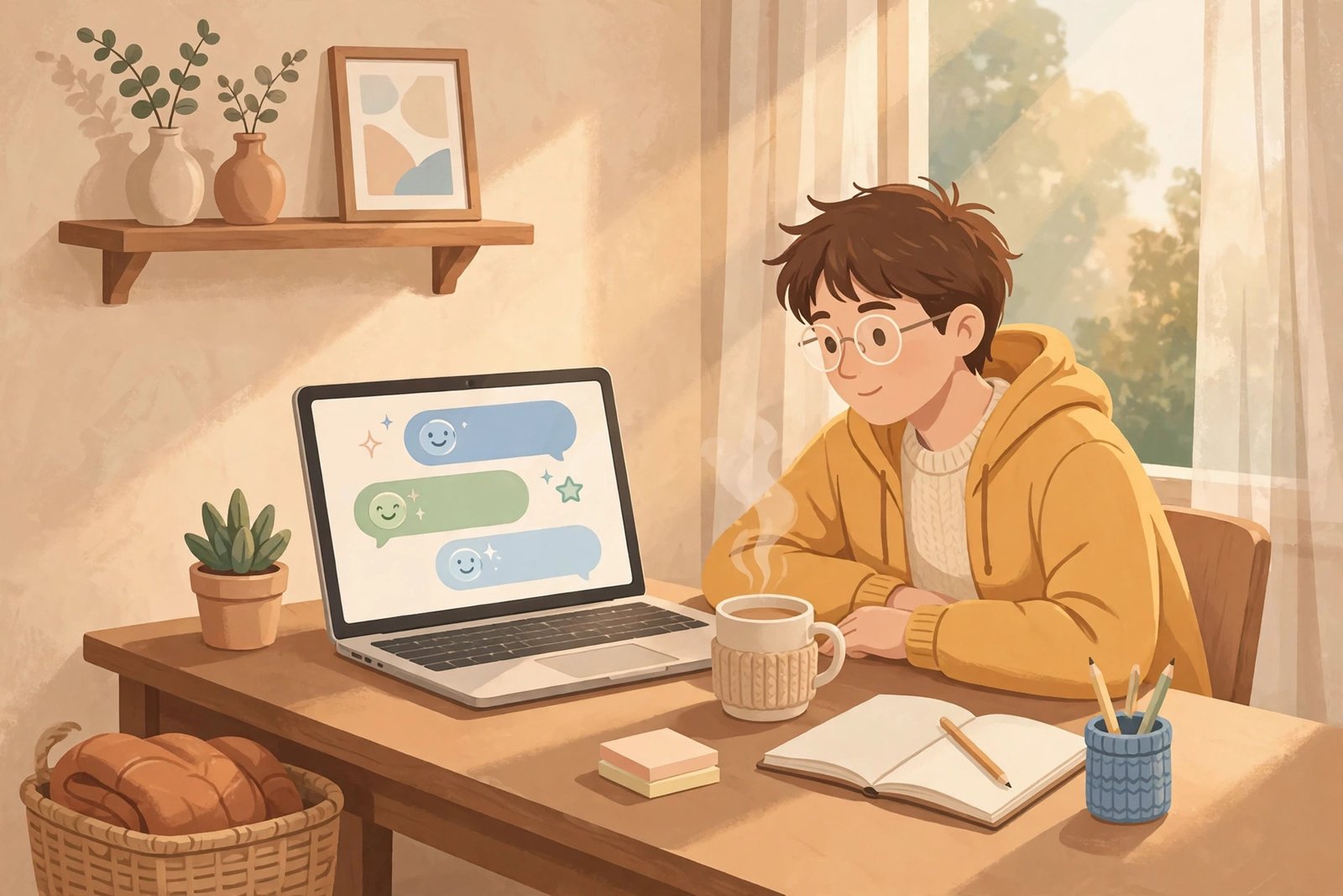 Cozy home desk with a chatbot interface illustration