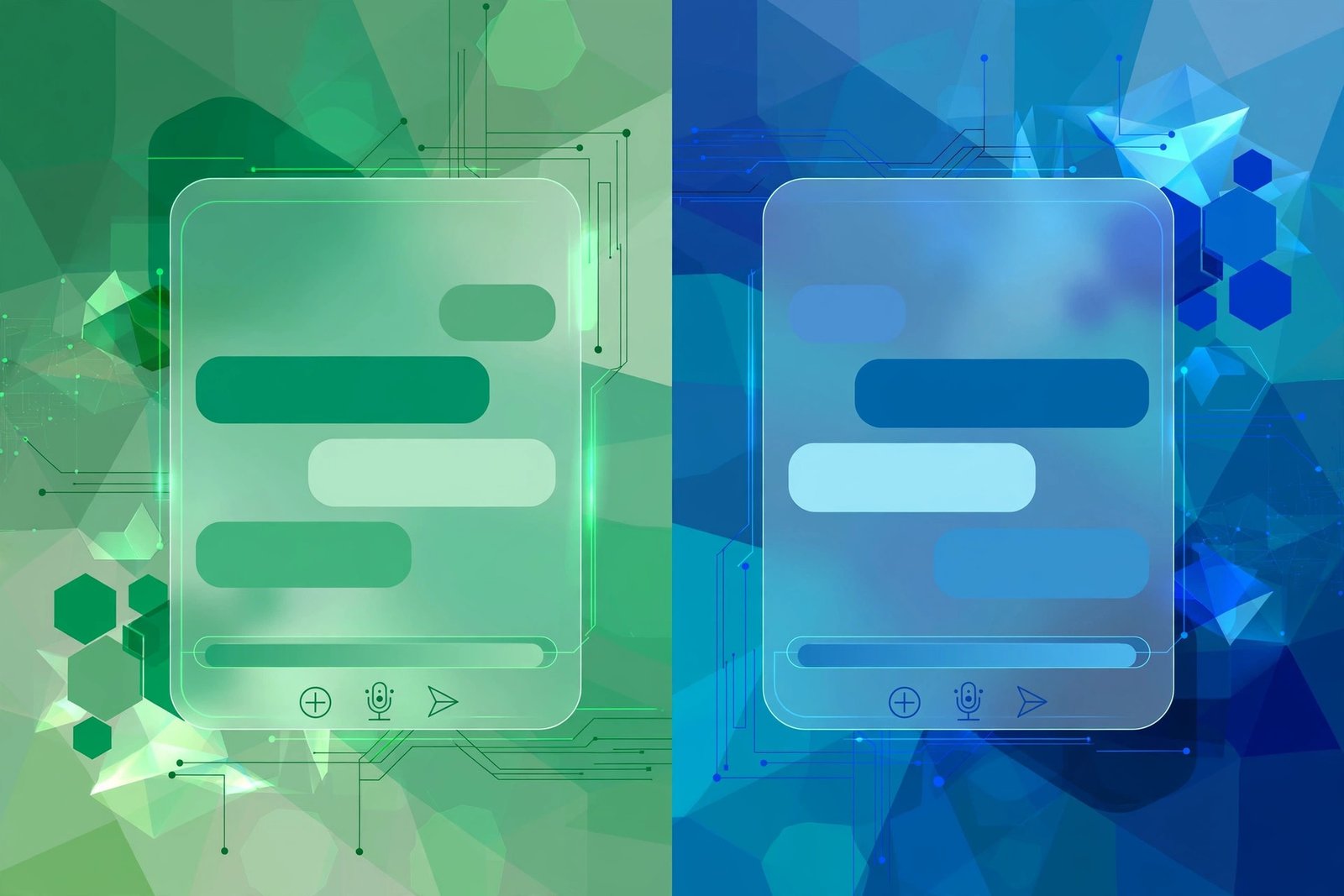 Green and blue split screen chat UI illustration comparing two AI assistants