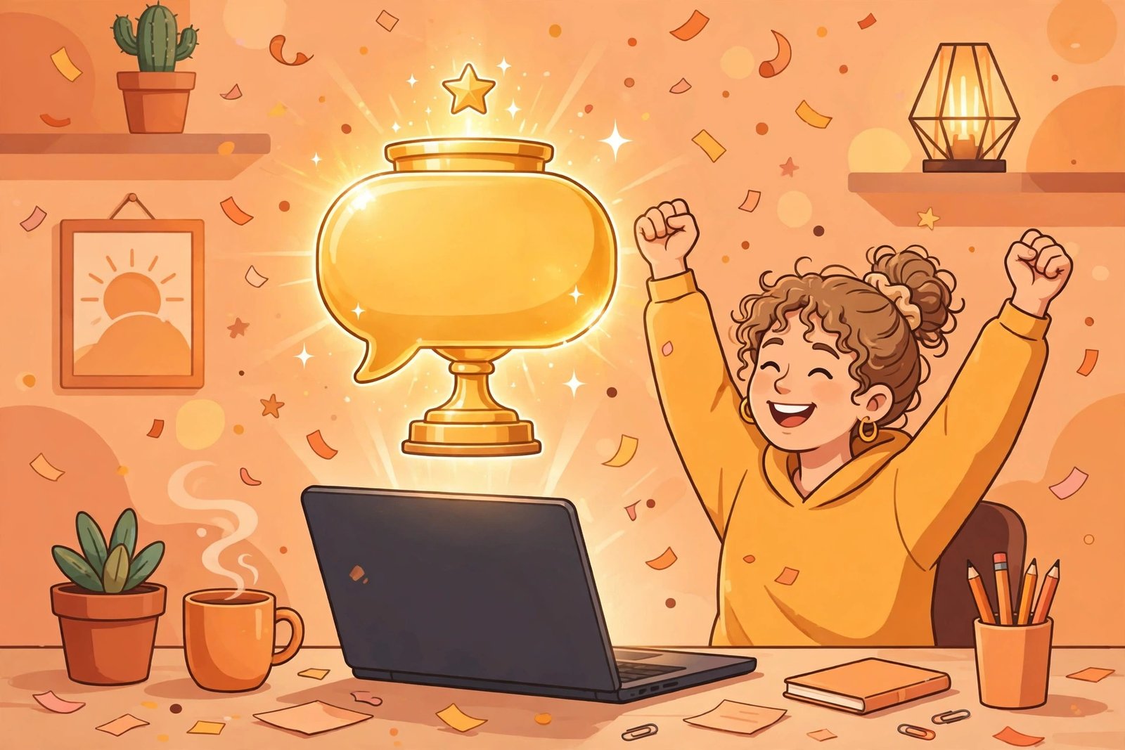 Celebration illustration with a chat bubble trophy