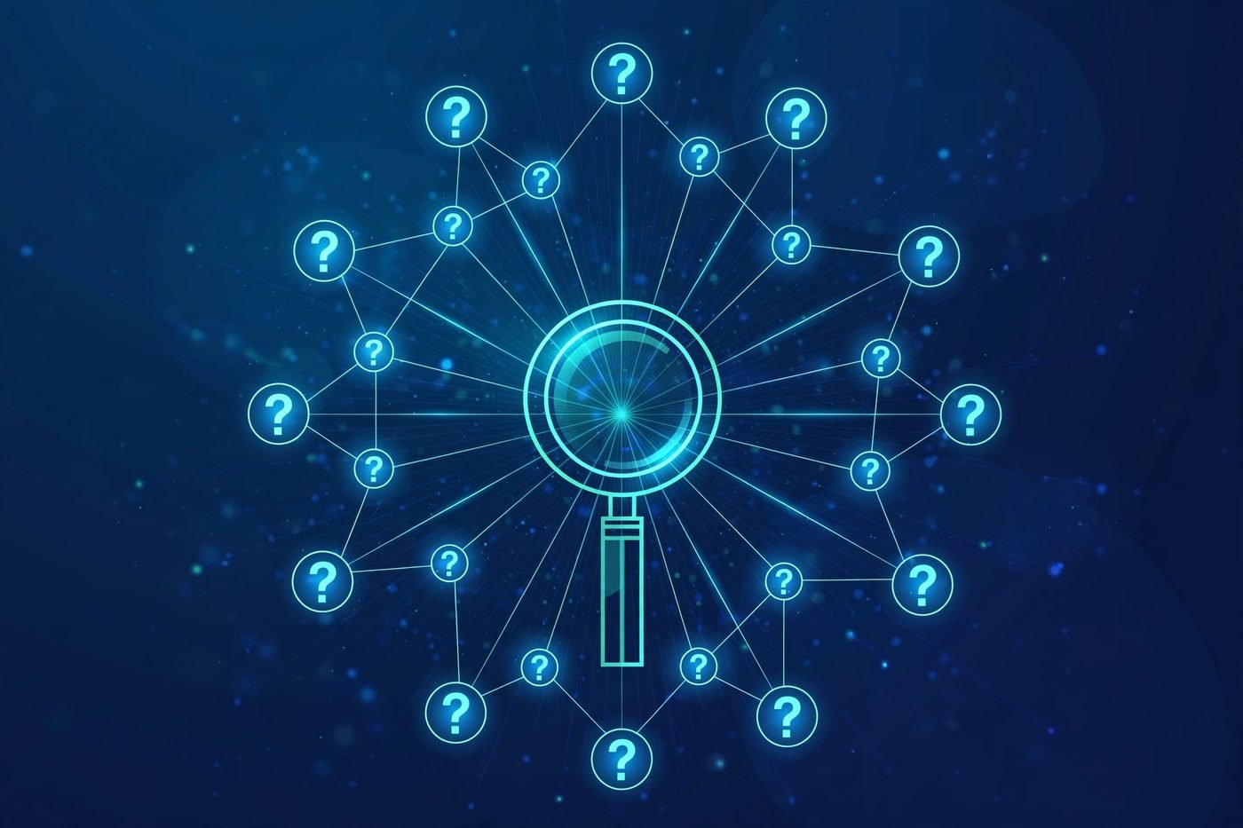 Glowing question-node network with a magnifying glass on a deep blue background