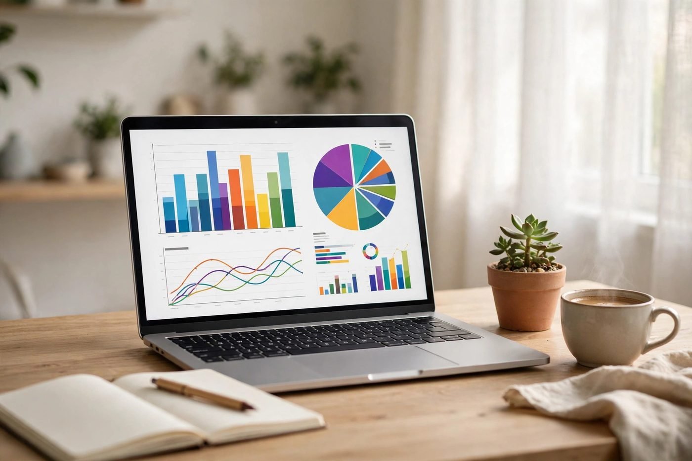 Home office desk with a laptop showing analytics charts