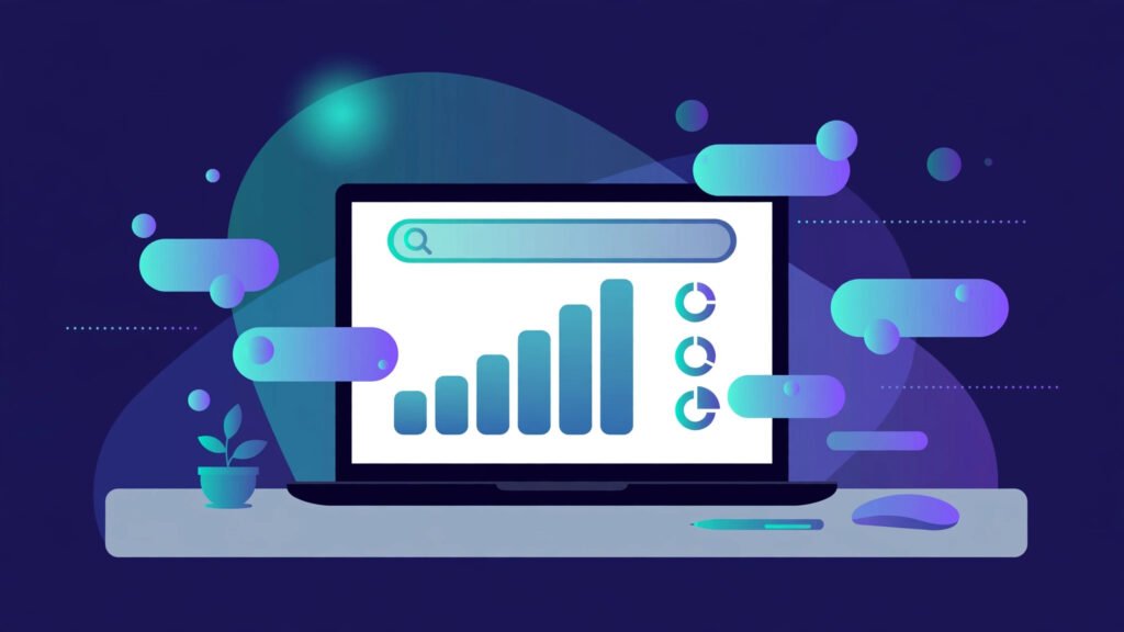 Illustration of a laptop showing a search bar with a rising bar chart and pie charts representing free keyword research analytics