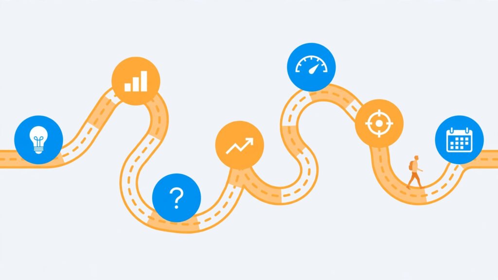 Infographic of a winding keyword research roadmap with milestone icons for ideas, search volume, questions, traffic growth, speed, targeting, and scheduling