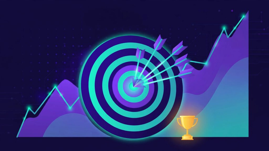 Illustration of glowing arrows hitting the bullseye of a target over a rising traffic chart with a trophy, symbolizing successful free keyword research results