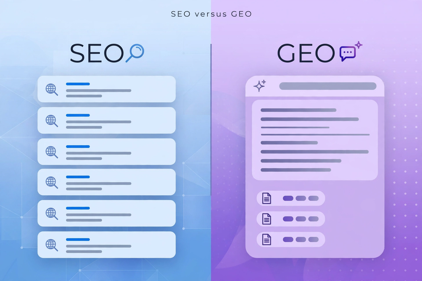 Split illustration comparing classic search results with an AI generated answer box