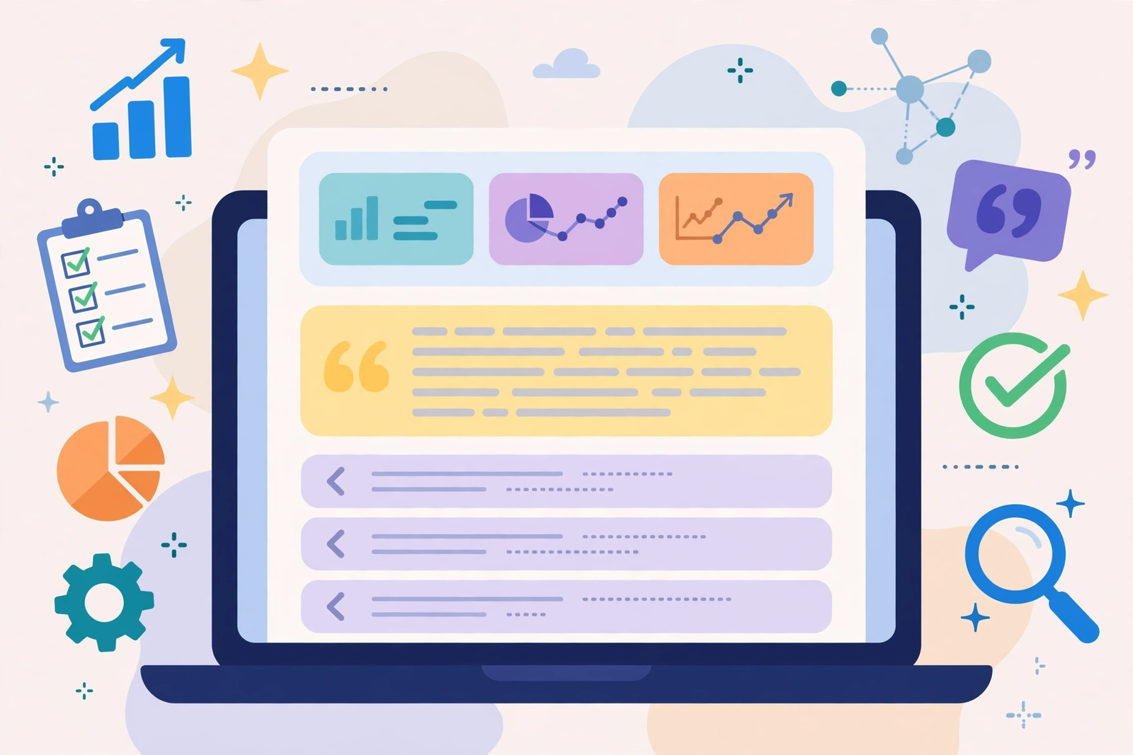 Laptop showing an article optimized with statistics, quotes and checklists for AI search