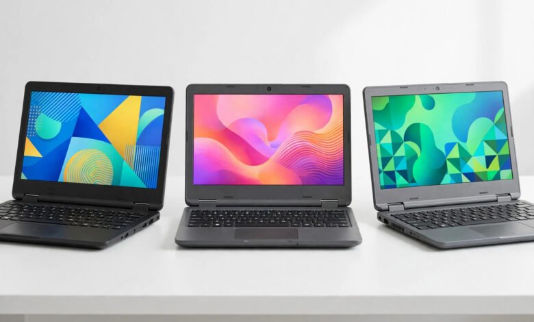 Three budget laptops side by side on a clean desk
