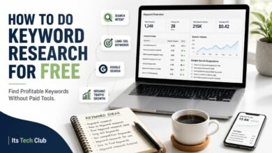 Laptop showing free keyword research tools and dashboards for SEO in 2026