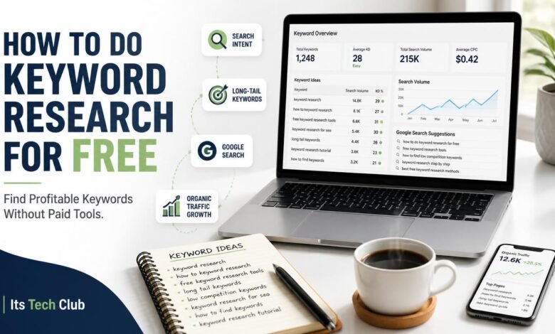 Laptop showing free keyword research tools and dashboards for SEO in 2026