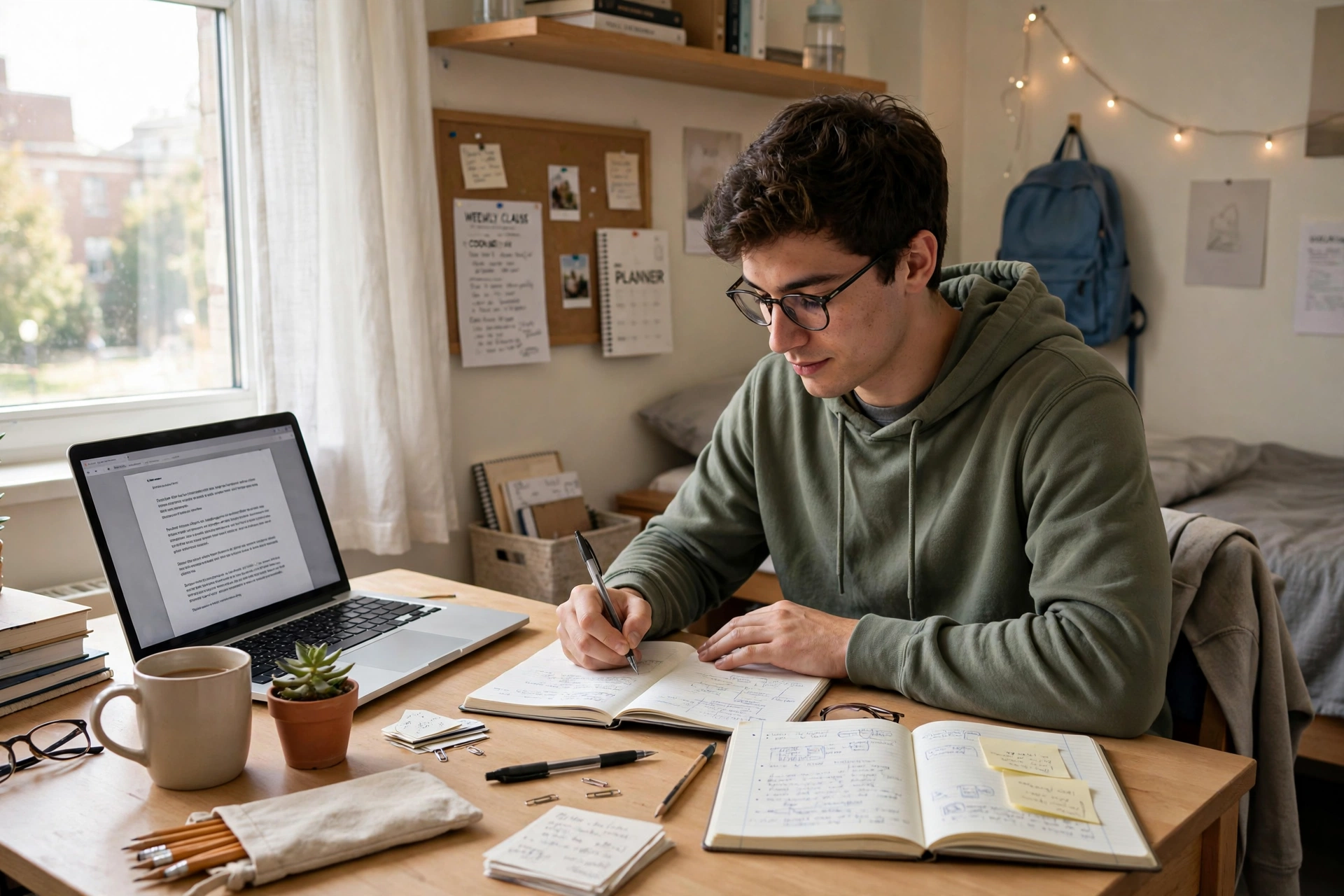 College student studying with a laptop in a bright dorm room