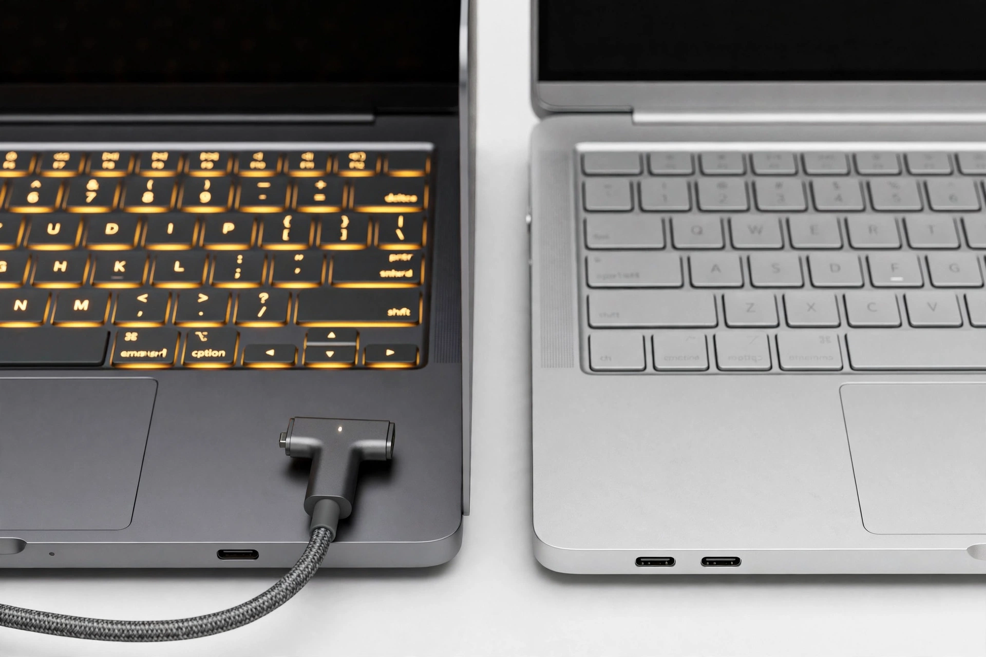 Closeup of two MacBook keyboards and ports side by side