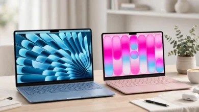 MacBook Air M5 in Sky Blue next to MacBook Neo in Blush on a desk
