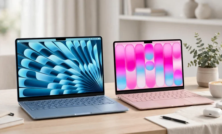 MacBook Air M5 in Sky Blue next to MacBook Neo in Blush on a desk