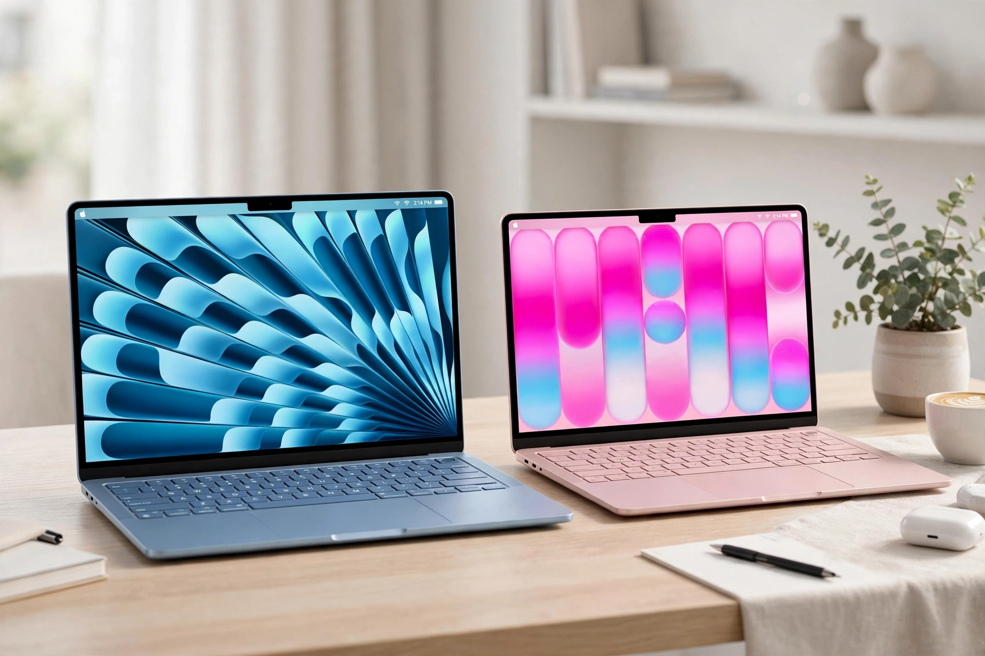 MacBook Air M5 in Sky Blue next to MacBook Neo in Blush on a desk